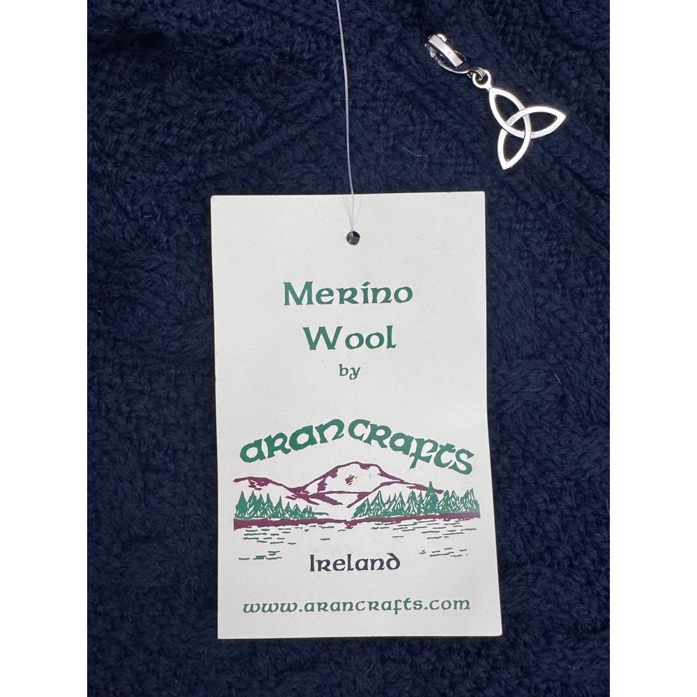 Aran Crafts Ireland Merino Wool Cable Knit Hooded Zip Cardigan Navy Blue Medium - Picture 7 of 7